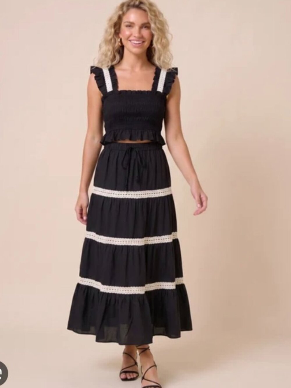 PINCH Black Smocked Crop Top & Tiered Maxi Skirt Set Crochet Lace Trim Size M